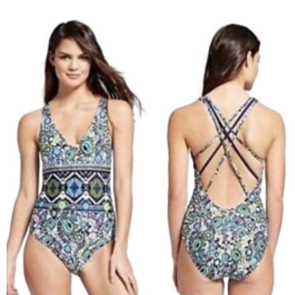 Mossimo 1-piece Swimsuit Blue & green Boho floral pattern Size L Strappy Back - Picture 3 of 17